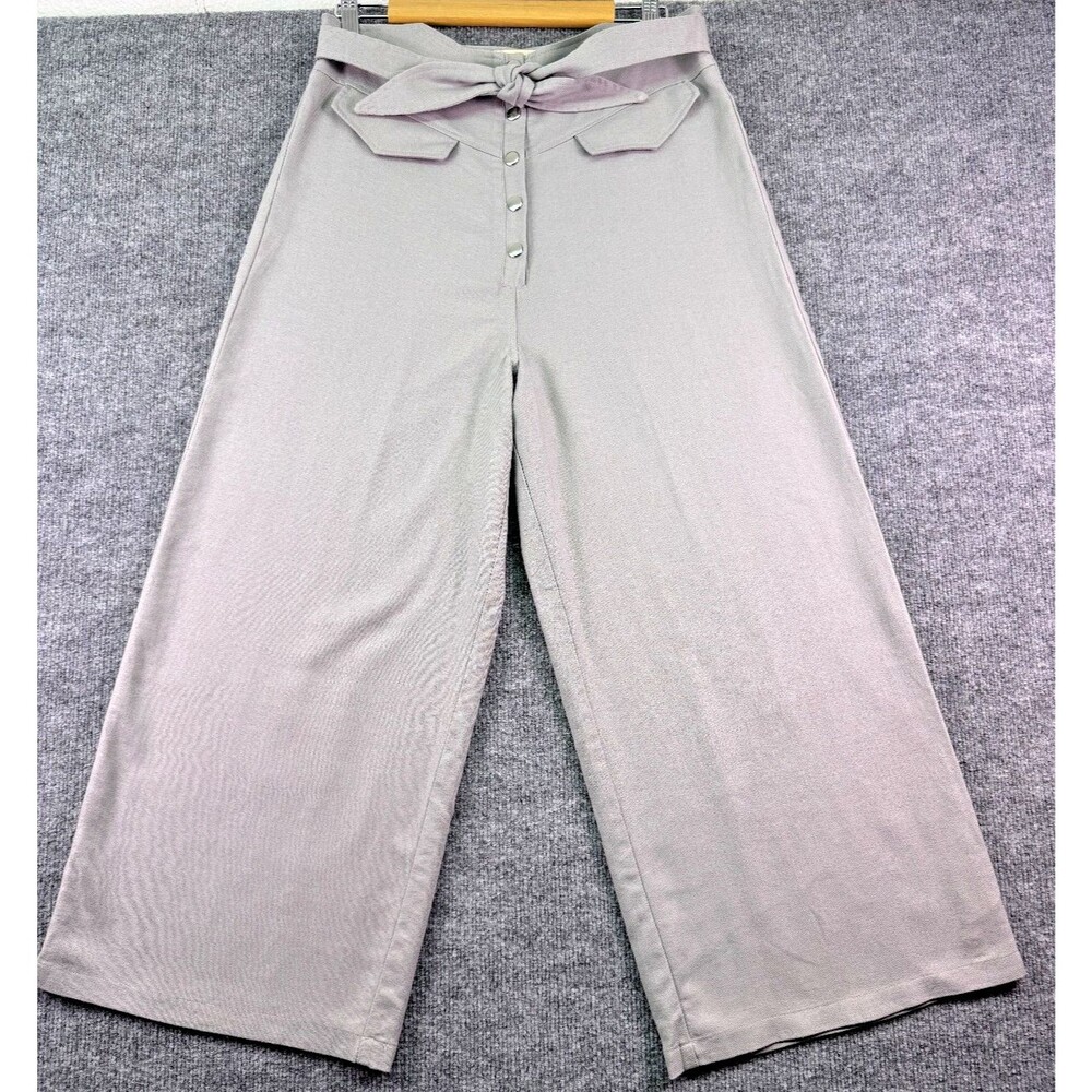 Chrysanthemum Women’s Large Wide Leg Pants Gray High Waist Tie Front Lined Linen